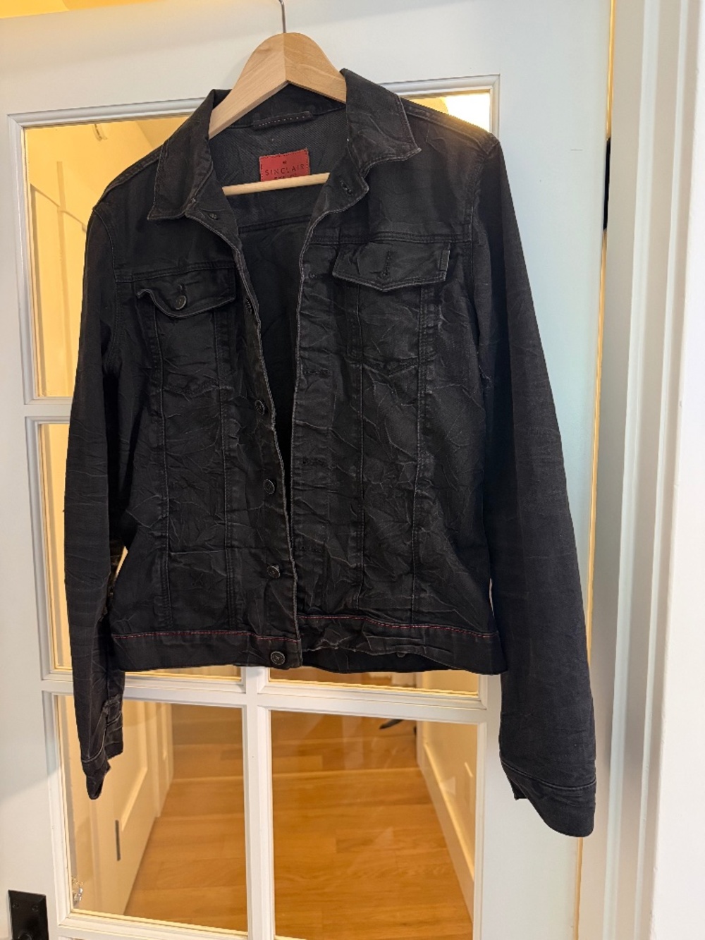 SINCLAIR Black Denim Trucker Jacket Made in USA Tiger Patch Size Large